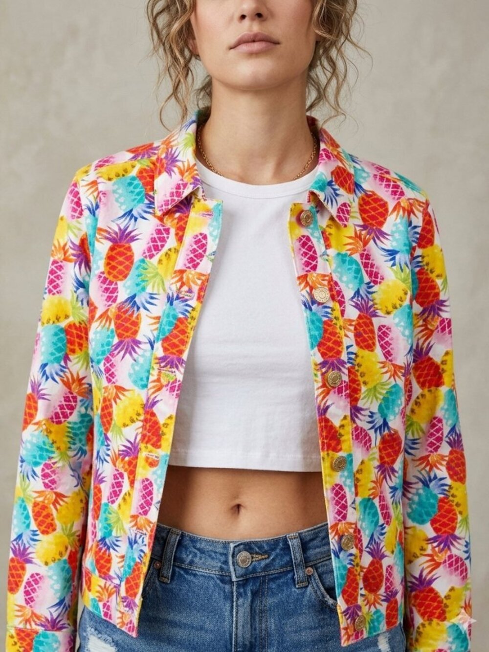 Retro Colorful Pineapple Print Jacket Festival Chic Outerwear Attyre PM
